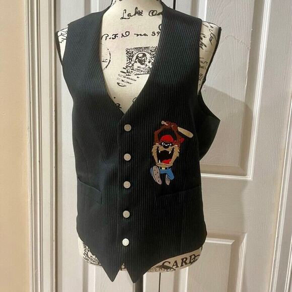 Y2K 90’s TOO CUTE LOONEY TUNES BLAZER VEST TASMANIAN DEVIL SZ S AESTHETIC ICONIC - Picture 2 of 16
